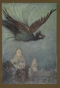 Plaat 10: "Een monsterlijke vogel komt blijkbaar uit het paleis", uit Folk-Tales of Bengal ... Met 32 illustraties in kleur door Warwick Goble (Edition de luxe.) 1914