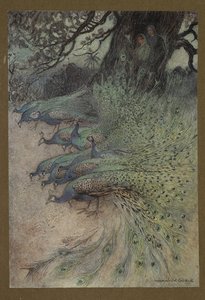 Plaat 11: "Honderden pauwen met prachtige pluimen kwamen naar de dijken om de khai te eten", uit Volksverhalen van Bengalen ... Met 32 illustraties in kleur door Warwick Goble (Edition de luxe.)