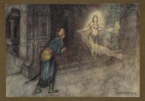 Plaat 13: "Hij zag een mooie vrouw uit het paleis komen", uit Volksverhalen van Bengalen ... Met 32 illustraties in kleur door Warwick Goble (Edition de luxe.) 1914