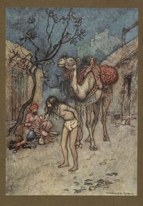 Plaat 16: "De kameeldrijver stapte af, bond de kameel aan de boom op de plek, en begon te roken." Folk-Tales of Bengal ... Met 32 illustraties in kleur door Warwick Goble. (Edition de luxe.). 1914