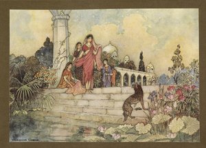 Plaat 23: "De jakhals ... opende zijn bundel betelbladeren, stopte er wat in zijn mond en begon erop te kauwen", uit Volksverhalen van Bengalen... Met 32 illustraties in kleur door Warwick Goble (Edition de luxe.) door Warwick Goble