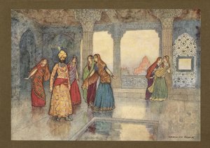 Plaat 25: "De zes koninginnen probeerden hem te troosten", uit Volksverhalen van Bengalen ... Met 32 illustraties in kleur door Warwick Goble. (Edition de luxe.) 1914 (kleur litho) door Warwick Goble
