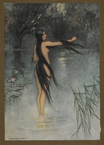 Plaat 29: "Toen ze uit het water kwam, wat een verandering was er in haar te zien!", uit Folk-Tales of Bengal ... Met 32 illustraties in kleur door Warwick Goble (Edition de luxe.). 1914