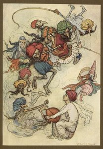 Plaat 4: "In plaats van zoetigheden ongeveer een twintigtal demonen." Volksverhalen van Bengalen ... Met 32 illustraties in kleur door Warwick Goble (Edition de luxe.)