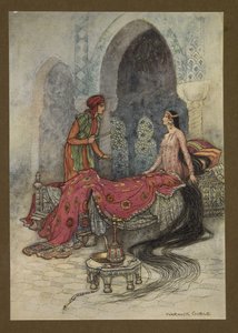 Plaat 6: "In een oogwenk werd ze wakker, ging rechtop in haar bed zitten en vroeg de vreemdeling wie hij was", uit Folk-Tales of Bengal ... Met 32 illustraties in kleur door Warwick Goble. (Edition de luxe.). 1914