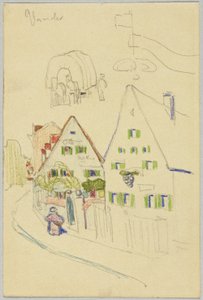 Straat met zadeldakhuisjes en huifkar, verso: uitzicht op een plaats met een ui-torenkerk door Wassily Kandinsky