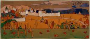 Ommuurde stad in herfstlandschap