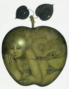 Appel en Eva en Slang (potlood en kleurpotlood op papier) door Wayne Anderson