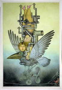 Balancerend meisje op mechanische vogel op koord (potlood en kleurpotlood op papier) door Wayne Anderson
