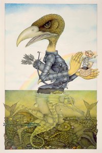 Pantservogel op zeepaard (potlood en kleurpotlood op papier) (paar 150071) door Wayne Anderson