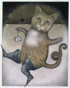 De gelaarsde kat maakt een salto (potlood en kleurpotlood op papier)