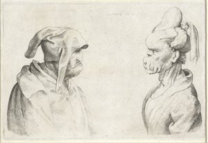 Misvormde koppen van een man met slappe muts en vrouw met opgebonden haar door Wenceslaus Hollar (attributed to)