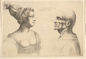 Een vrouw met haar naar achteren gebonden en een kale man die elkaar aankijken door Wenceslaus Hollar