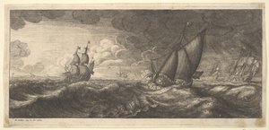 Een jacht en drie oorlogsschepen in een storm, 1665