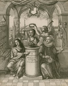 Buste van Karel II, met Lord Brouncker (links), de eerste President van de Royal Society, en Francis Bacon (rechts) door Wenceslaus Hollar