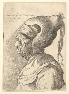Buste van een misvormde vrouw met kegelvormige hoed en twee bungelende vlechten in profiel naar links door Wenceslaus Hollar