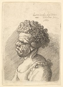 Buste van een misvormde vrouw met krullend haar in profiel naar links door Wenceslaus Hollar