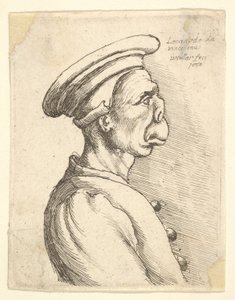Buste van een man met een platte neus en uitstekende mond, met platte pet en dichtgeknoopte jas in..., 1660 door Wenceslaus Hollar
