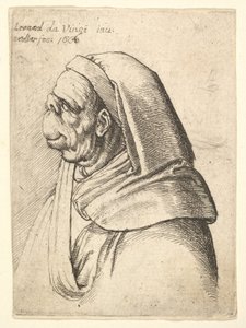 Borstbeeld van een man met een kleine opgewipte neus en zeer hoge bovenlip, met kap, in profiel door Wenceslaus Hollar