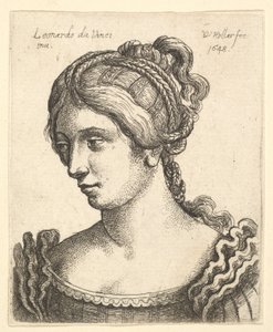 Borstbeeld van een vrouw die naar links kijkt met rijkelijk versierd haar door Wenceslaus Hollar