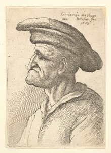 Buste van een oudere man met een neus die zijn onderlip raakt, met een brede platte pet in profiel, 1665