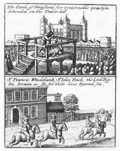 Graaf van Stafford onthoofd op Tower Hill; Sir Francis Windebank, Sir John Finch en Lord Digby vluchten uit Engeland door Wenceslaus Hollar