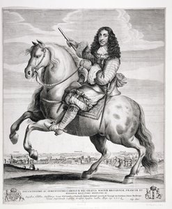 Ruiterportret van Karel II (1630-85) met een landschap, gepubliceerd ca. 1670 door Wenceslaus Hollar