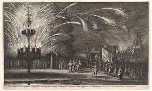 Vuurwerk in Hemissem, 1625-77 door Wenceslaus Hollar