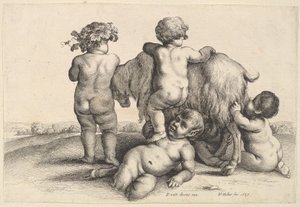 Vier jongens, een jonge sater en een geit, 1647 door Wenceslaus Hollar