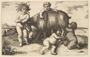 Vier jongens, een jonge sater en een geit kopie in omgekeerde richting door Wenceslaus Hollar