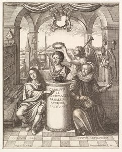 Frontispice van The History of the Royal Society of London door Thomas Spratt, uitgegeven 1702 door Wenceslaus Hollar
