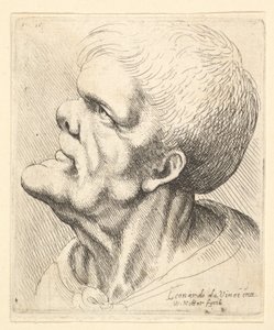 Hoofd van een man met vooruitstekende kin en stompe neus, kijkend omhoog in profiel naar links, 1625-77