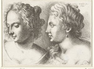 Hoofden van twee jonge vrouwen door Wenceslaus Hollar