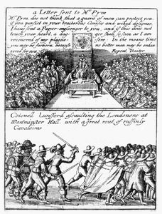 John Pym leest een brief voor in het Lagerhuis; Kolonel Thomas Lunsford en zijn soldaten vallen Londenaren aan