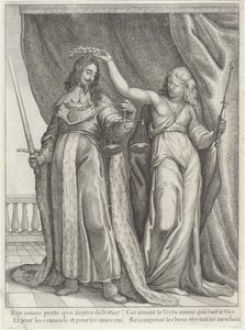 Koning Karel I van Engeland gelauwerd door Justitia door Wenceslaus Hollar