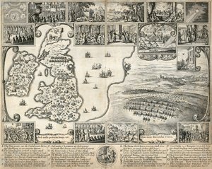 Kaart van de Britse eilanden en illustraties van 17e-eeuwse historische gebeurtenissen door Wenceslaus Hollar