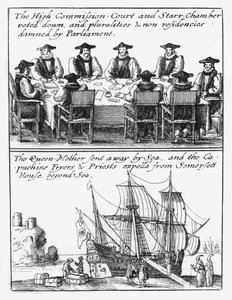 Leden van de Star Chamber; Koningin Henrietta Maria vertrekt uit Engeland door Wenceslaus Hollar