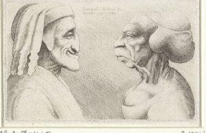 Misvormde karikatuurkoppen van een man met muts (Dante?) en vrouw door Wenceslaus Hollar