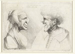 Misvormde koppen van een lachende man en vrouw met hoofdkapje door Wenceslaus Hollar