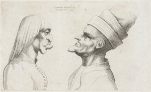 Misvormde koppen van een vrouw met stijl haar en man met dubbel gerande muts door Wenceslaus Hollar