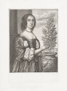 Portret van een staande vrouw naast een laurierplant door Wenceslaus Hollar