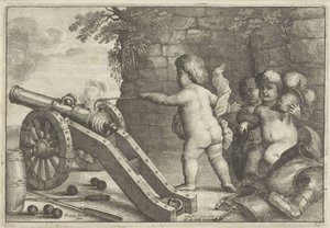Putti schieten kanon af: Het element Vuur door Wenceslaus Hollar