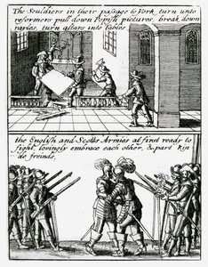 Soldaten vernietigen religieuze beelden in een kerk; Engelse en Schotse soldaten omarmen elkaar door Wenceslaus Hollar