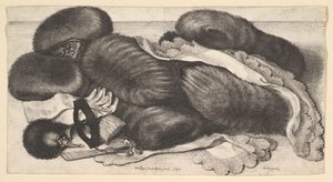 Stilleven met een groep mofjes, een paar handschoenen, waaiers, masker en twee zakdoeken