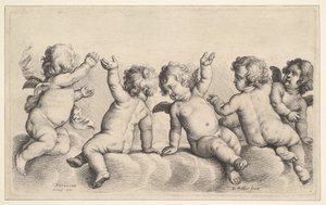 Drie cherubijnen en twee jongens op wolken