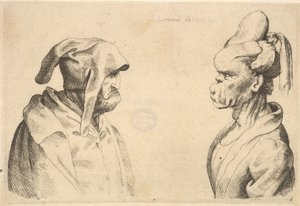Twee misvormde hoofden die elkaar aankijken, 1625-77 door Wenceslaus Hollar