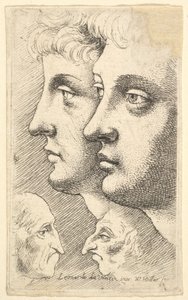 Twee jongeren in profiel naar links met twee groteske hoofden die elkaar aankijken door Wenceslaus Hollar