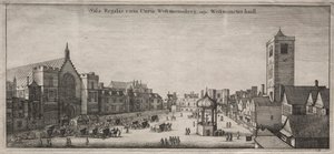 Gezichten van Londen: New Palace Yard met Westminster Hall, en het Klokhuis, 1647