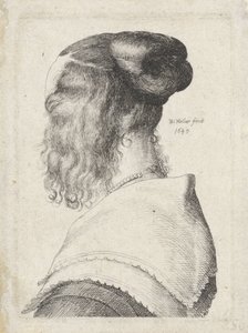 Vrouw met opgestoken haar, schuin op de rug gezien door Wenceslaus Hollar