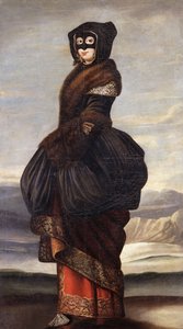 Winter: Een dame, in exotisch kostuum, met een masker, in een landschap